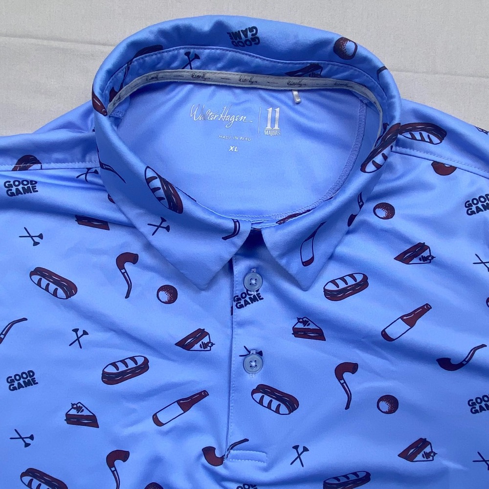Walter Hagen 11 Majors Golf Polo Shirt Mens‎ XL Blue Novelty Print Performance